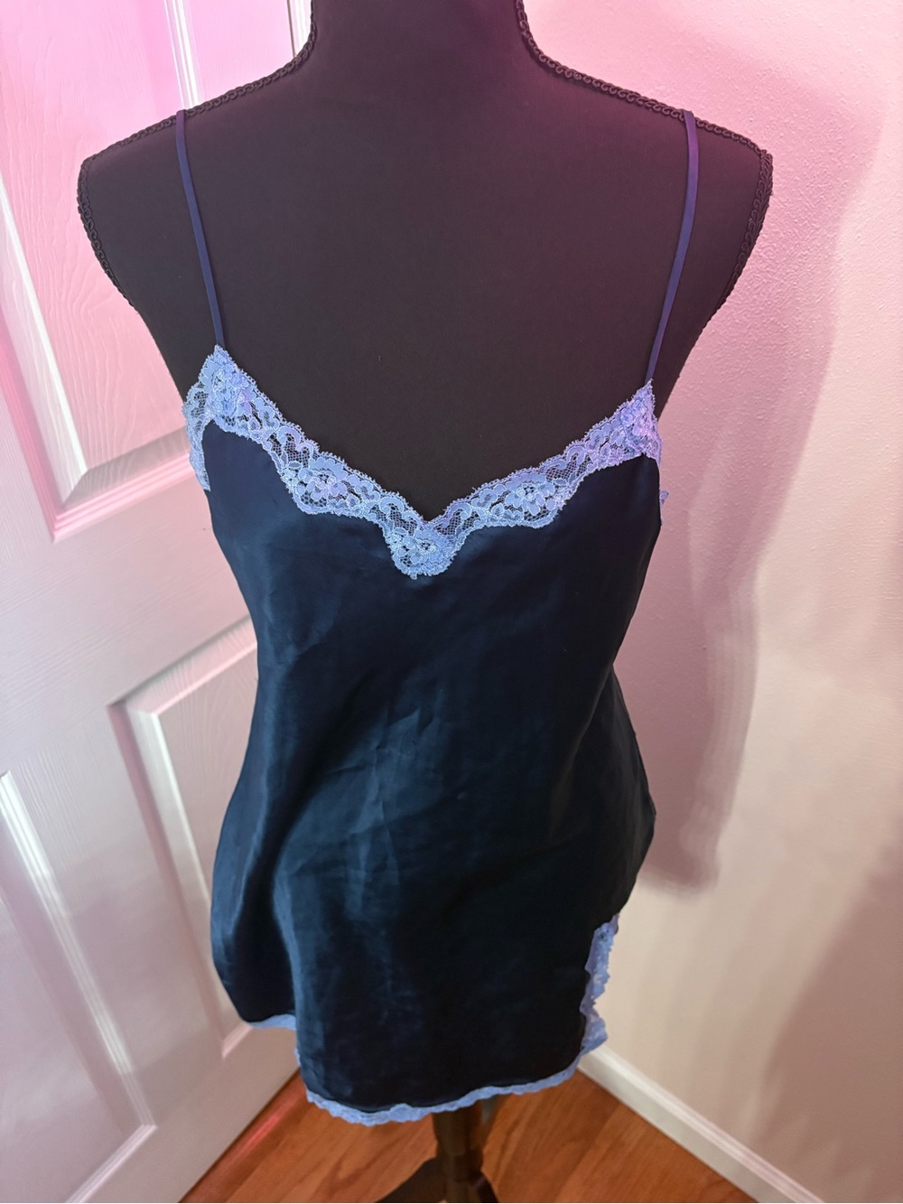 Vintage Victoria's Secret Navy Cami with Light Blue Lace Trim